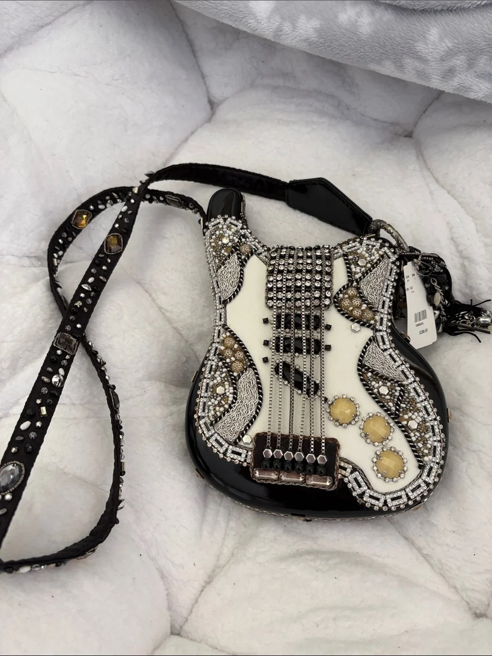Mary Frances Black and Cream Beaded Guitar Crossbody Bag